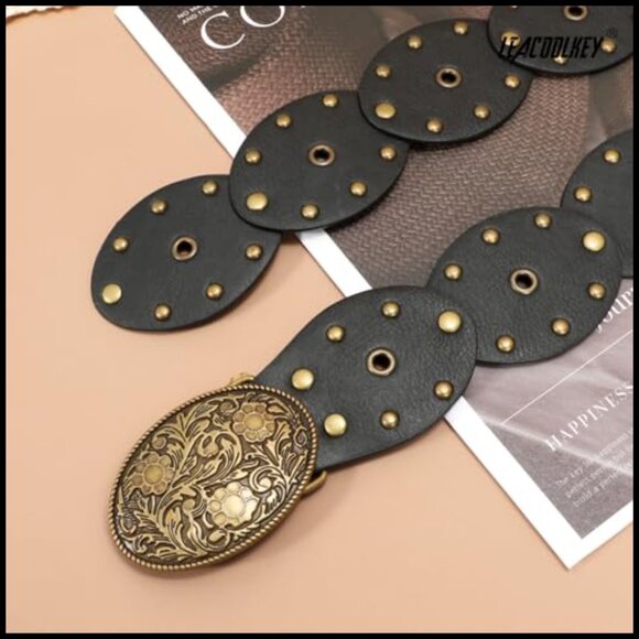 Western Concho Belt Vintage Boho Chic Hollow Disc Waist Belt Faux Leather